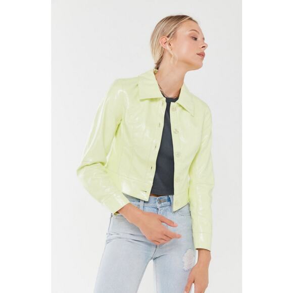 Urban Outfitters Xander Vinyl Cropped Jacket in Lime - Picture 1 of 10